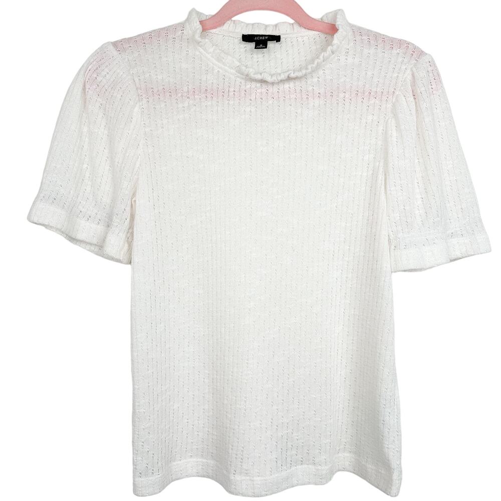 J.Crew Top Pointelle Top with Puff Sleeves White Spring Blouse Business Casual